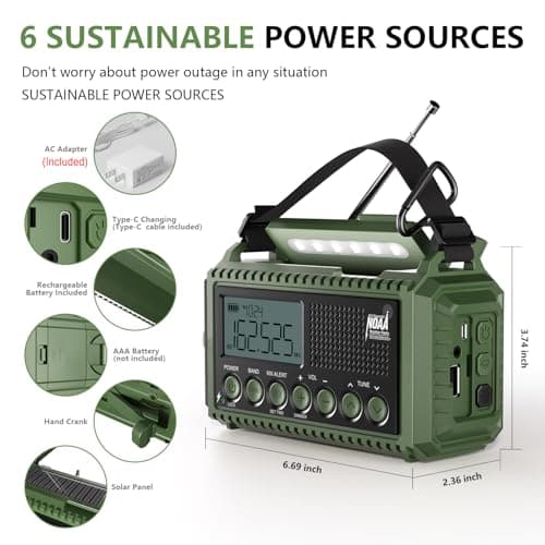 NOAA Emergency Radio with Auto Weather Alerts - 12000mAh Solar Hand Crank Weather Radio, 6 Power Sources, Bright LCD Digital Tuning, AM/FM/SW Receiver, SOS Alarm & Power Bank for Home Camping Survival - Thumbnail 3