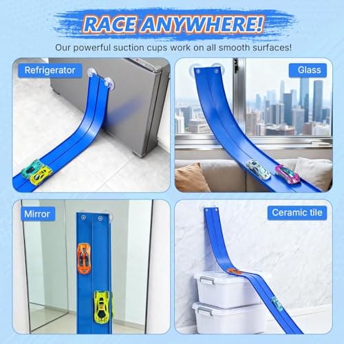 FALDAA 15ft Flexible Race Track for Kids with 6 Cars & 6 Suction Cups, Race Car Ramp Toy Compatible with Hot Wheels and 1/64 Diecast Cars, Portable Slot Car Track for Ages 3+ - Thumbnail 4
