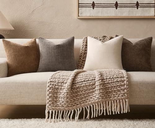 GriNeed Pack of 4 Throw Pillow Covers 20x20 Inch Chenille Textured Neutral Brown Soft Pillow Covers Solid Decorative Farmhouse Cushion Covers Home Boho Western Decor for Couch Sofa Bed Living Room - Thumbnail 6