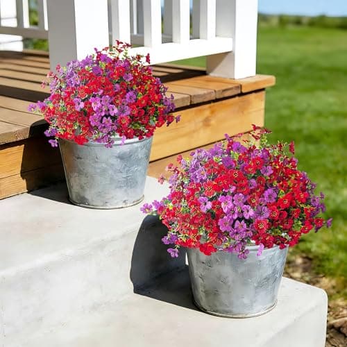 QSPEROV Artificial Flowers for Outdoors UV Resistant, 12 Bundles Realistic Faux Daisy with Eucalyptus Leaves Fake Plants for Porch Patio Planter Garden Decoration (Red Light Purple) - Thumbnail 5