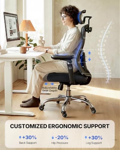 HUANUO Ergonomic Office Chair with 6D Armrest, Seat Depth Adjustment, Lumbar Support, Quiet Rubber Caster, High Back Mesh Gaming Chair with 3D Headrest, Big and Tall Desk Chair for Home Office, Black - Thumbnail 3