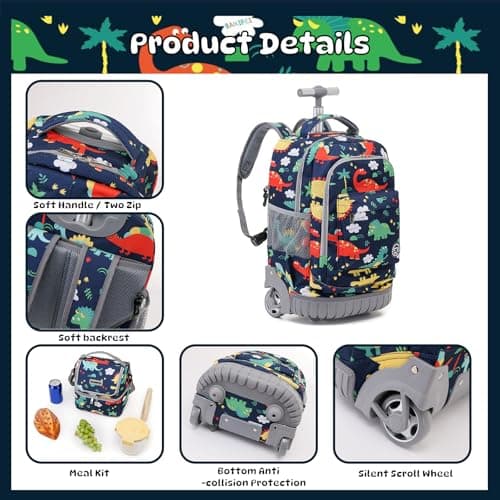 BAMIFEI 18 Inch Dinosaur Rolling Backpack for Boys, Dinosaur Wheeled Backpack Roller Backpacks Kids Backpack School Backpack, Spacious Multiple Compartments Quiet Wheels Travel Backpack for Kids - Thumbnail 4