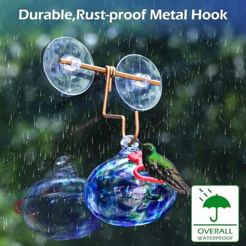 Pozfun Window Hummingbird Feeder with Suction Cups,Hand-Blown Glass Hummingbird Feeders for Outdoors Window Mounted with Metal Hook,Close Bird Watching,Finch in Garden,Yard(Dotted Blue) - Thumbnail 5