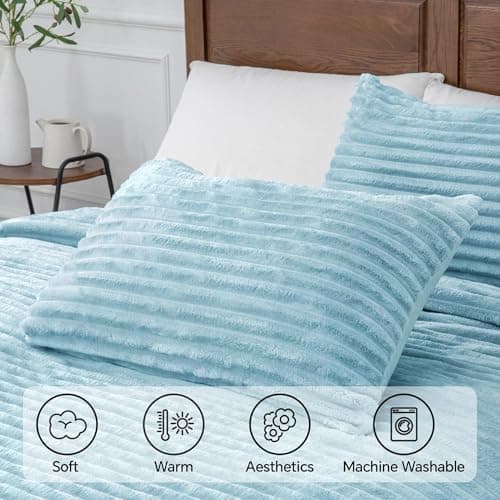 BEDELITE Fleece California King Comforter Set -Super Soft & Warm Fluffy Light Blue Bedding, Luxury Fuzzy Heavy Bed Set for Winter with 2 Pillow Cases - Thumbnail 5