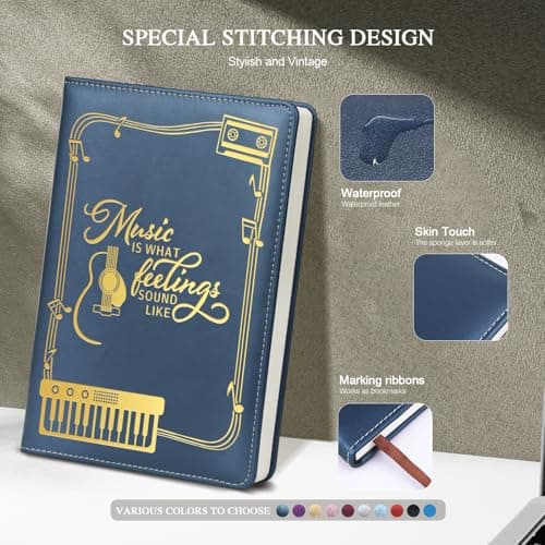 QDWXDEL Music Gift,A5 Hardcover Leather Journal for Women - 200 Pages Premium Paper Notebook,Journal Notebook for School, Work (Music Blue) - Thumbnail 3