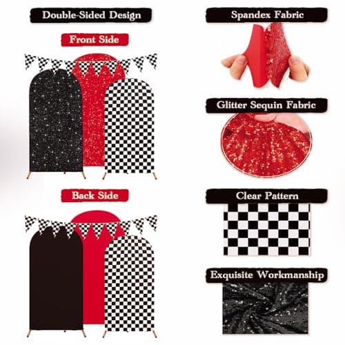 3PCS Arch Backdrop Cover Set (4,5,6FT) for Monster Truck Car Birthday Party Decorations, Boys Race Car Theme Background with Checkered Arch Covers - Thumbnail 3