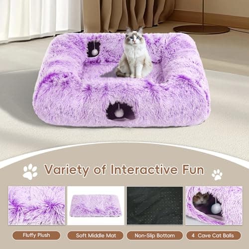 Extra Large Cat Tunnel Bed, 4 Ways Tunnels for Indoor Cats, Multi-cat Family Pet Bed & Cave, Plush Cat Donut with Washable Middle Mat, Exit Balls, Pet Play Toy for Kitten Puppy Rabbit, Purple - Thumbnail 4