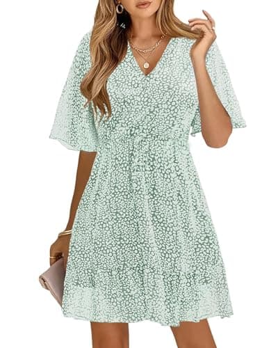 KIRUNDO Womens Summer Dresses 2026 Casual Spring Short Sleeve V Neck Ruffle Floral Print High Waist Belted Flowy Mini Dress(X-Large, Green) - Image 1