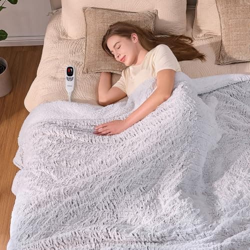 Yokimisu Electric Blanket Heated Twin 62"x84", Bed Blanket Clearance with 9 Heat Levels & 1-10H Timer, Silky Faux Fur, Fluffy Cozy Machine Washable Bedding, Gifts for Mom Dad (Brushed White) - Image 1