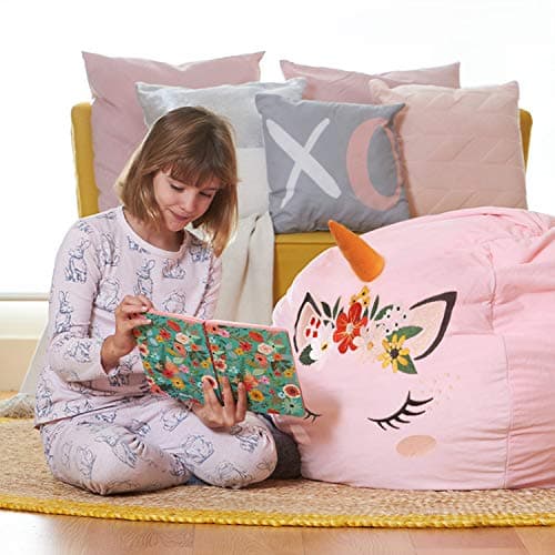 Aubliss Stuffed Animal Storage Bean Bag Chair Cover for Kids,X-Large Velvet Extra Soft Zipper Beanbag for Organizing Toddler and Kids' Rooms Plush Toys,Bean Bag Chair Cover Only,Unicorn Pink Floral - Thumbnail 4