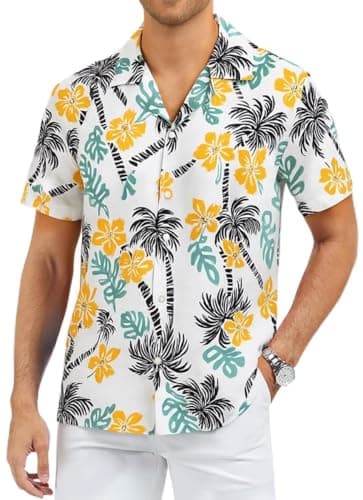 ASTRYON Hawaiian Shirt for Men Short Sleeve Floral Palm Button Down Tropical Vacation Beach Shirt (US, Alpha, X-Large, Regular, Regular, White and Yellow and Blue) - Image 1