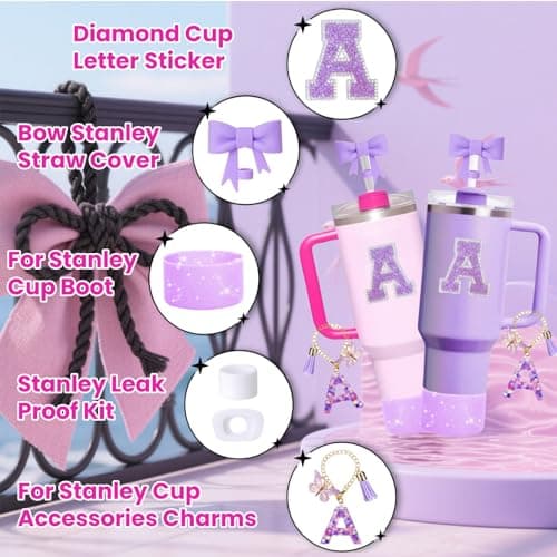 MOTEERLLU 6pcs Purple Stanley Cup Accessories Set,Bow Straw Cover for Stanley Cup 30oz 40oz, Including Straw Topper,Spill Proof Stopper,Sparkly Silicone Boot Set,Handle Charm,Initials Sticker (M) - Thumbnail 3