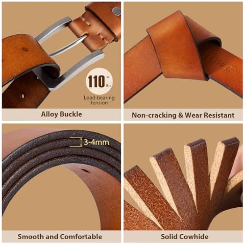 OZNDAS Men's Leather Belt Full Grain Leather Belts for Men Handmade Real Solid Top-Grain Leather Heavy-Duty Work Belt Gifts Brown Leather Belt for Wasit 44"-47" - Thumbnail 2