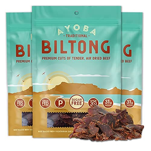 Ayoba Traditional Grass Fed Beef Biltong Slices (2 Ounce, Pack of 3) - Keto Friendly Air-Dried Grass Fed Beef Paleo Snacks - Gluten Free, Whole 30 Approved, Sugar free, No Carb Meat Snacks - Image 1