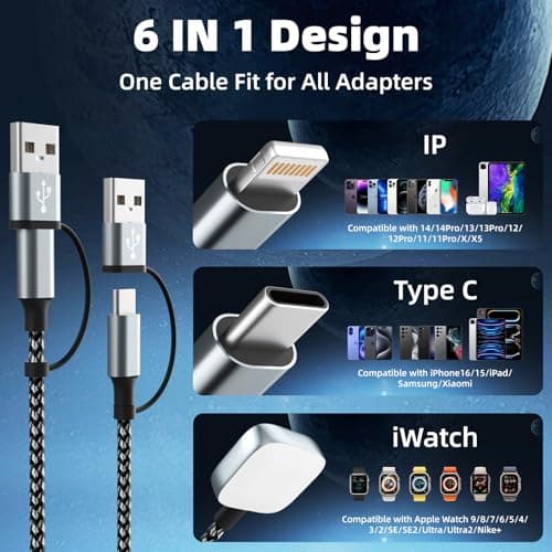 MPATIBY Travel Essentials, 3 in 2 UB A/USB C Cable for Watch Charger, Multi Phone Charging Cable/Cord for All Devices for iWatch Ultra/SE/10-1, Phone16 15 14, Android, iPads, More (2Packs 5FT) - Thumbnail 3