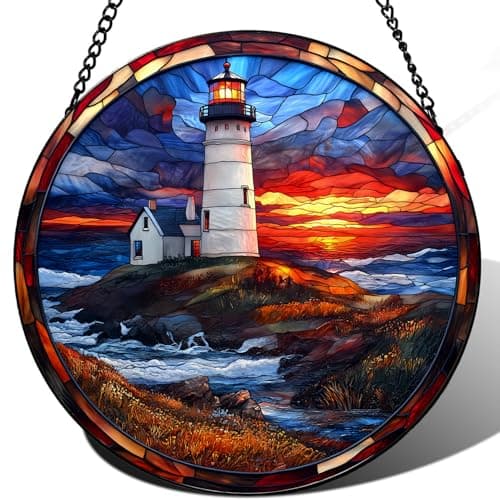 Zizzie Coastal Lighthouse in Autumn Suncatcher -7.9 in Stained Glass Window Hanging Sun Catcher Garden Decor - Image 1