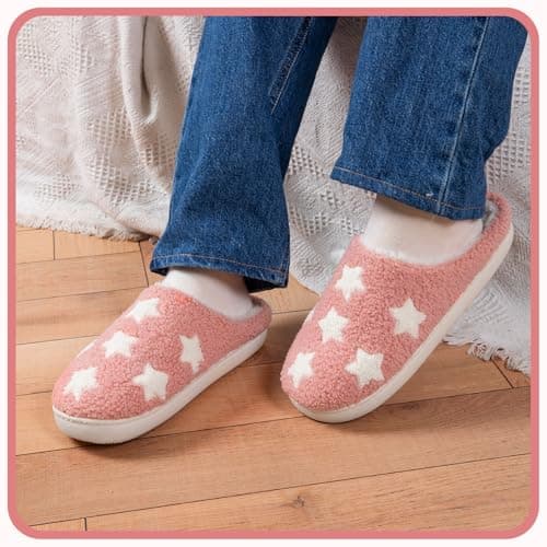 BOVTY Memory Foam Slippers for Women - House Slip-on with Colorful Hearts & Stars Pattern Cute Cozy Bedroom shoes - Thumbnail 2