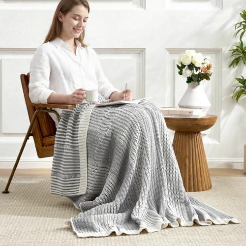 Amélie Home Premium Chenille Throw Blanket, Soft Cozy Luxury Two-Tone Knit Blanket for Couch, Sofa, Chair, Home Decor, Grey & Ivory 50"x60" - Thumbnail 5