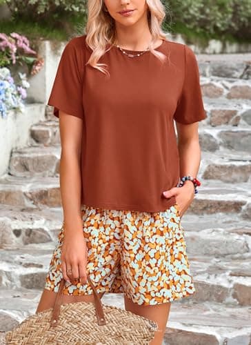 PRETTYGARDEN Women's Summer 2 Piece Outfits Lounge Sets Short Sleeve Tee Shirts Tops Blouses Pockets Printed Shorts Tracksuit (Brown,Small) - Thumbnail 5