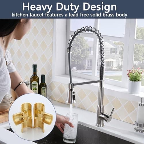 Solid Brass Commercial Kitchen Faucets with Pull Down Sprayer, Brushed Nickel Single Hole Kitchen Sink Faucet, Single Handle, SpotShield Stainless for Pot Filler, Farmhouse Camper Laundry, SonTiy - Thumbnail 4