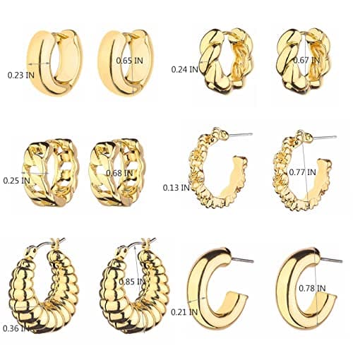 Wgoud Chunky Hoop Earrings Set 14K Gold Plated Hoop Earrings for Women Hypoallergenic, Thick Hoops Earring set, Twist Huggie Hoop Earring (6 Gold Chunky Hoops) - Thumbnail 5