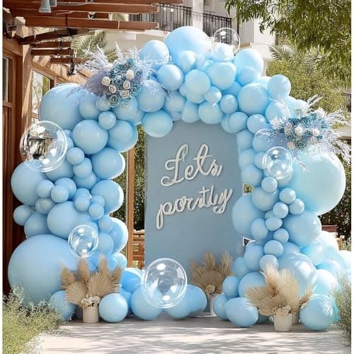 Light Blue Balloon Garland, Double Stuffed Pastel Baby Blue Balloon Arch Kit 18/12/5 Inch with Bubble Balloons for Easter Gender Reveal Baby Shower Birthday Wedding Graduation Party Decorations - Image 1