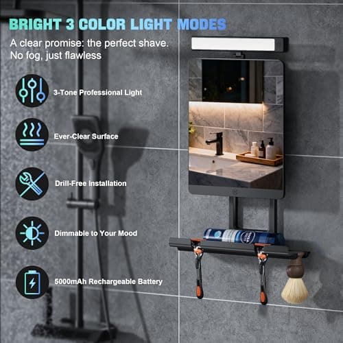 ENVTEK Heated Fogless Shower Mirror with 3-Color Dimmable Lights (3 Modes) - No Drilling Removable Mount & Razor Holder for Bathroom Shaving, Anti-Fog, 2026 Upgrade for Men - Thumbnail 3