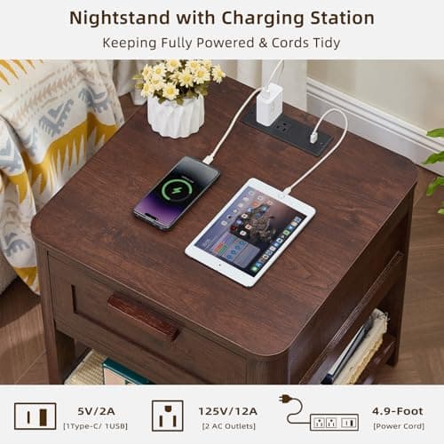 Joaxswe Farmhouse Night Stand Set of 2 with Charging Station, Walnut - Thumbnail 4