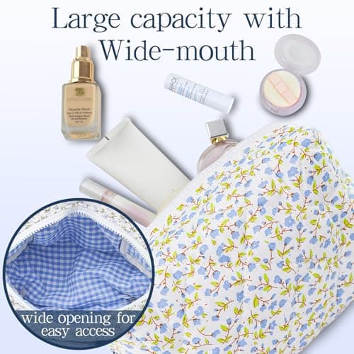 Quilted Makeup Bag Floral Cotton Make up Bag Puffy Coquette Makeup pouch Aesthetic Cute Travel Toiletry Bag for Women Girls - Thumbnail 3
