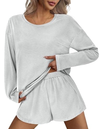 JUSTFASHIONNOW Pajamas for Women Set Shorts Striped Lounge Set 2 Piece Outfits Comfy Long Sleeve Loungewear Matching Sleepwear Long Sleeve Top and Shorts Fall Winter (Light Grey, X-Large) - Thumbnail 2