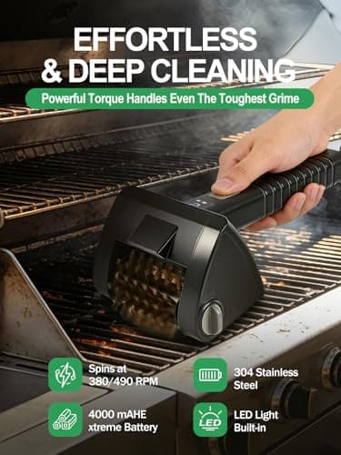Chunine Electric Grill Brush, Cordless Rechargeable BBQ Cleaner with 4000mAh Battery, 2-Speed, LED Light, 304 Stainless Steel Removable Brush Head, Grill Clean Tool for Outdoor Grill - Thumbnail 2