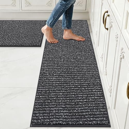 JSEI 17''x30''+17''x60'' Non-Slip Kitchen Runner Rugs, 2PCS Polypropylene Kitchen Mats, Machine Washable Absorbent and Stain Resistant Kitchen Rugs, Carpet Mats with TPR Backing for Kitchen, Charcoal