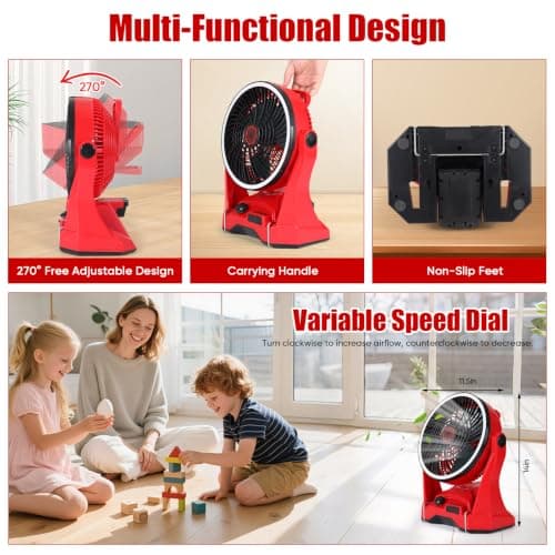 Cordless Battery Operated Fan Compatible with Milwaukee M18 18V Battery, 10in Portable Rechargeable Fan Variable Speed Hanging Hook Up to 4.5 Hrs Runtime for Camping, Jobsite, Outdoor(NO Battery) - Thumbnail 4