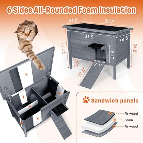 BRIOPAWS Outdoor-Cat-House-Insulated | Feral-Cat-Shelter for Winter | Weatherproof | Large Wooden Pet House for Multiple Cats | Foldable Ladder | Acrylic Side Window | Grey - Thumbnail 2