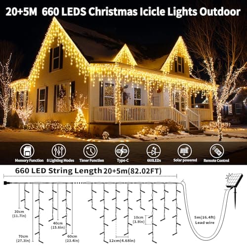 LairtPOW Solar Powered Icicle Lights Outdoor Christmas - 660LED 66+16FT Icicle String Lights with Remote, 8 Modes, Timer, IP65 Waterproof. Rechargeable Battery for Porch, Roof, Xmas (Warm White) - Thumbnail 4