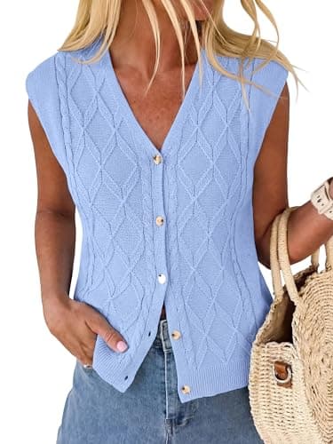 BTFBM Sweater Vest Women V Neck Cap Sleeve Button Down Knit Tops Spring Summer 2026 Loose Lightweight Cardigan Vests(Light Blue, Small) - Image 1