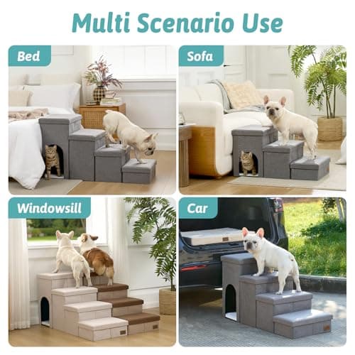 Dog Stairs with Storage, 4-Step Wider Sturdy Dog Steps for Small/Medium/Large Dogs and Older Cats, Doggie Ramp with Condo for Bed/Couch/Car Hold Up to 180 lbs (22.6" H, Grey) - Thumbnail 4
