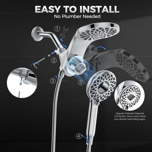 Newfinde High Pressure Rain Shower Head with Handheld Spray Combo: Detachable Dual Shower Head with 10 Sprays Modes - Upgrade Knob Spray Mode Selector and Magnetic Guidance Docking System - Thumbnail 6