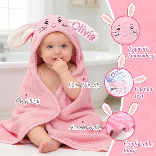 Individz Custom Hooded Bath Towel with Name, Personalized Highly Absorbent Bunny Towels, Baby Bath Towels for Girls Boys, Brithday Easter Gifts for Baby, Toddler, Newborn, Infant (Pink) - Thumbnail 3
