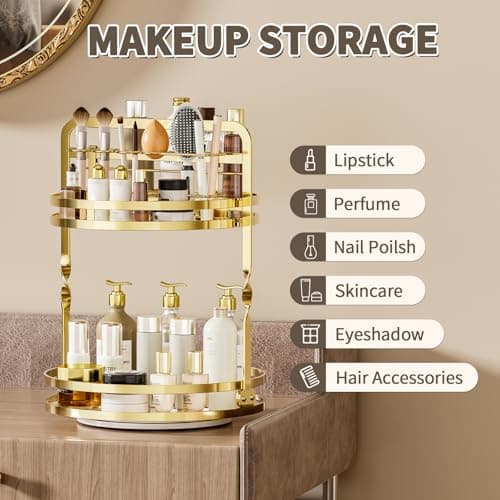 360° Rotating Makeup Organizer, 2-Tier Gold Perfume Organizer for Dresser, Bathroom Organizers Countertop, Perfume Shelf with Makeup Brush Holder, Skincare Holder Cosmetic Display(Gold) - Thumbnail 3