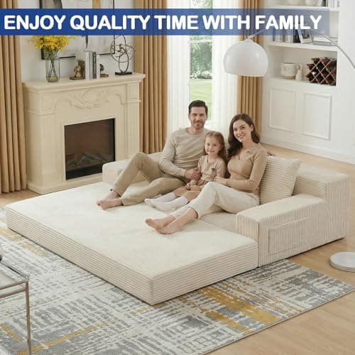 Winzoo 2 in 1 Convertible Boneless Couch Bed, Corduroy futon Sofa Bed, Compression Folding Floor Couch Sofas Bed with 3 Pillows for Bedroom, Small Space Guest and Living Room Sofa (Beige, 78 Inches) - Thumbnail 4