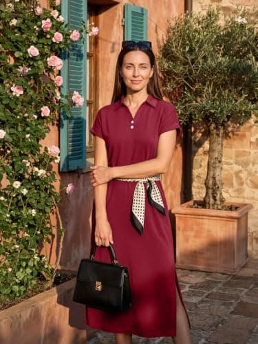 BEXIBOOM Women's V Neck Maxi Dress for Women, Cap Sleeve Collared Casual Long Dress with Pockets, Summer Beach Vacation Work Dress Burgundy-M - Thumbnail 3