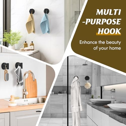 MOTAIPEAK Suction Cup Hooks for Shower, Removable Shower Suction Hooks for Inside Shower, No Drill Towel Hooks for Bathroom Glass Mirror Tile, Waterproof Rustproof Robe & Loofah Hooks, Black, 2 Pack - Thumbnail 2