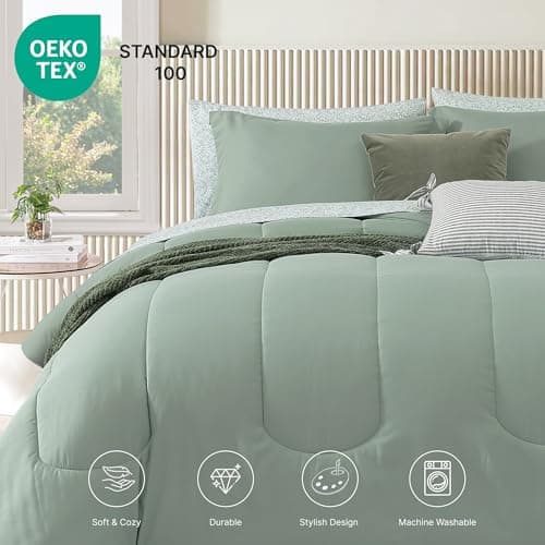 Monbix Full Comforter Set - 7 Pieces Sage Green Bed in a Bag Full Size Track Stitching Bedding Sets, All Seasons Comforter with Sheets,Pillowcases & Shams - Thumbnail 4