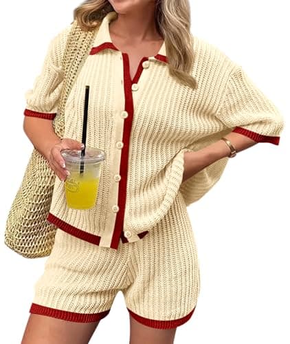 Cicy Bell Womens 2 Piece Short Sets Summer Short Sleeve Collared Tops Beach Vacation Cover Up Crochet Knit Lounge Outfits - Image 1