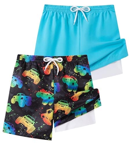 Funnycokid 2 Pack Boys Swim Trunks with Mesh Liner Neon Tank Blue Quick Dry Board Shorts Colourful Boxer Bathing Suit UPF 50+ Protection Swimsuits Anti-Chafe Beach Swimwear for Kids Size 10t 12t - Image 1