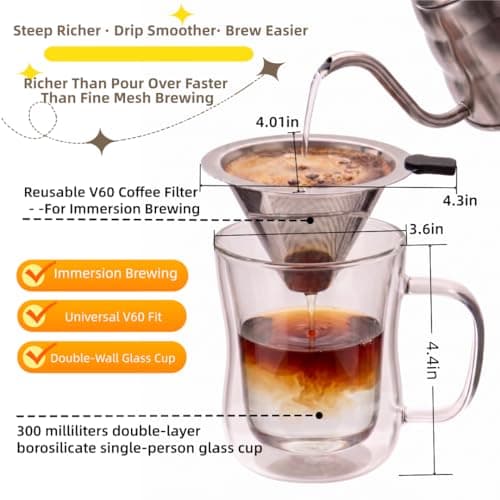 NANSPATH Single Serve Immersion Coffee Maker, Borosilicate Glass Pour Over Coffee Cup with Reusable Stainless Steel Filter, Pour Over Coffee Makers, for Home Office Travel (320, Milliliters) - Thumbnail 2