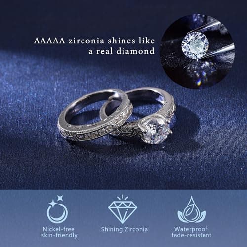 Fimewon Wedding Rings for Couples Engagement Ring Set Vintage White Gold Ring Engagement Gifts for Couples Size 6 - Thumbnail 3