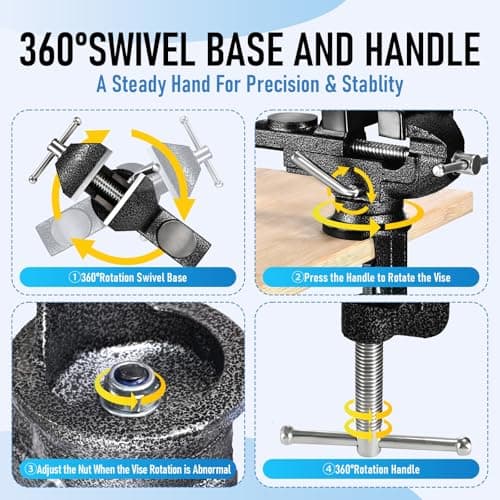 Wiselifetech Table Vise 2 Inch Bench Vise with Anvil,Swivel Base Universal Vices made of Cast Steel for Workbench Repair Tools Woodworking,Drilling,Sawing,Metalworking,Jewelry,Craft,Sculpting - Thumbnail 4