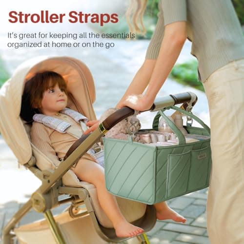 VKSAO Baby Essentials Diaper Caddy Organizer – Portable Storage Basket with Shoulder Strap & Stroller Hooks, Splashproof Quilted Nursery & Car Tote, Gender Neutral Gifts for Baby Shower, Sage Green - Thumbnail 4